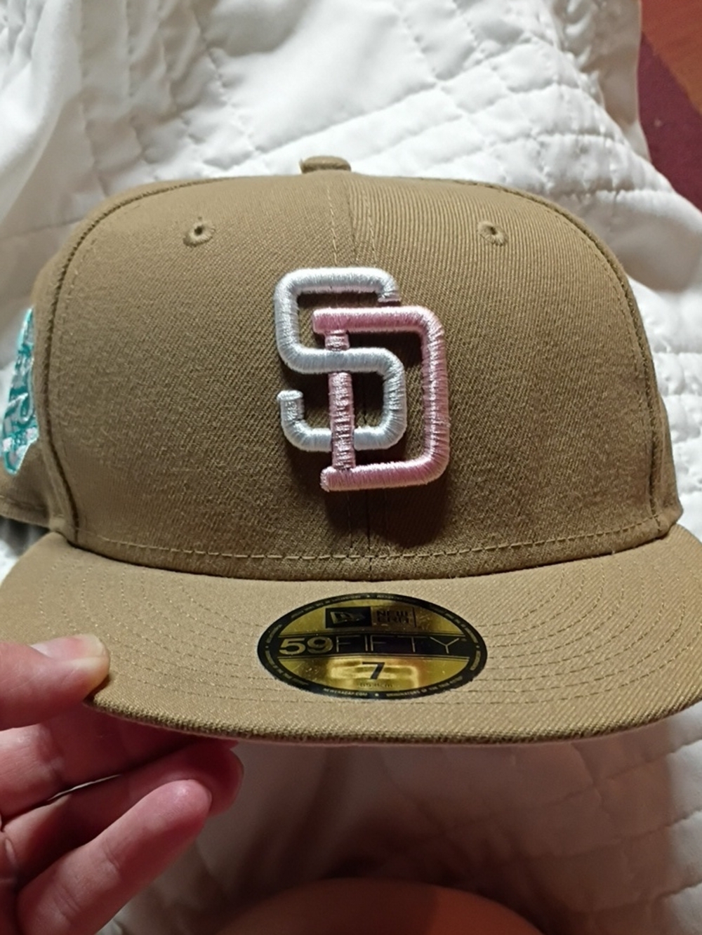 New Era Tan Fitted Cap with White & Pink SD Patch